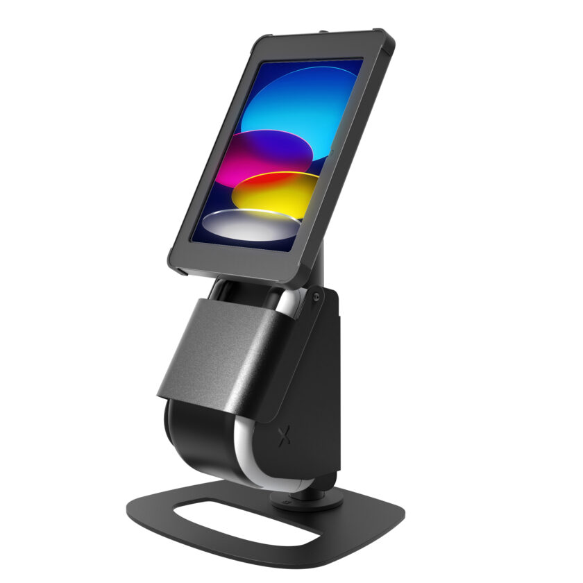 X Print Counter stand for iPad and Label Printer compatible with iPad, Samsung Galaxy Tab and Microsoft Surface Pro and Go tablets and Brother QL-820NWB label printer Portrait orientation