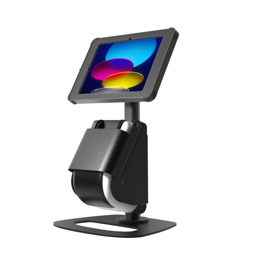 X Print Counter stand for iPad and Label Printer compatible with iPad, Samsung Galaxy Tab and Microsoft Surface Pro and Go tablets and Brother QL-820NWB label printer Landscape Orientation