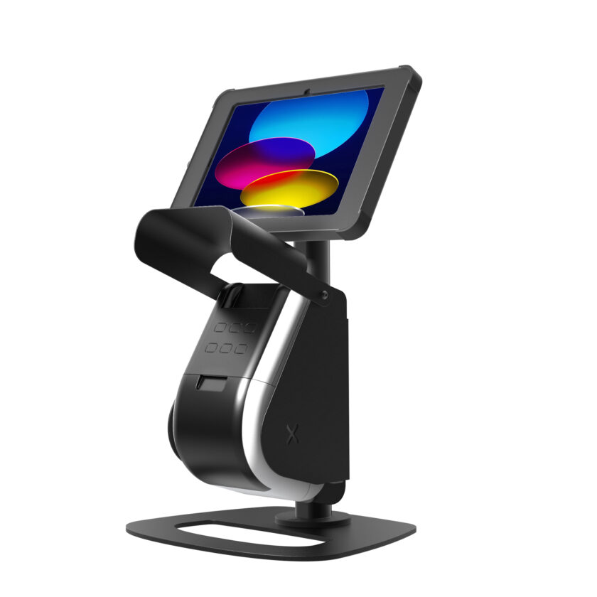X Print Counter stand for iPad and Label Printer compatible with iPad, Samsung Galaxy Tab and Microsoft Surface Pro and Go tablets and Brother QL-820NWB label printer Landscape Orientation Printer Cover Open