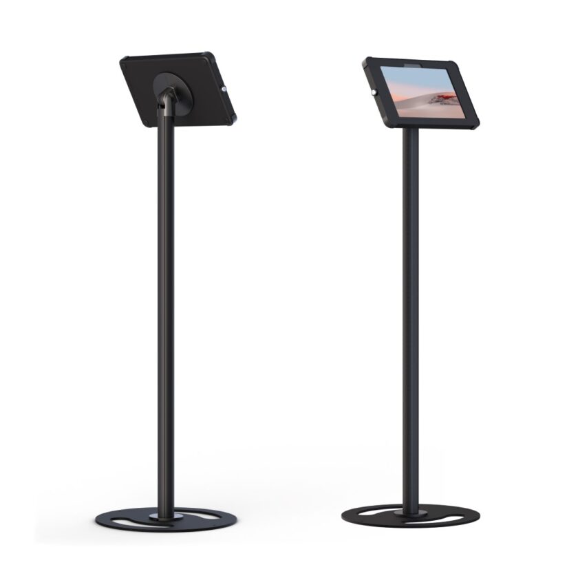 Sprocket X Floor Stand all black configured for Surface Go 2 front and rear view