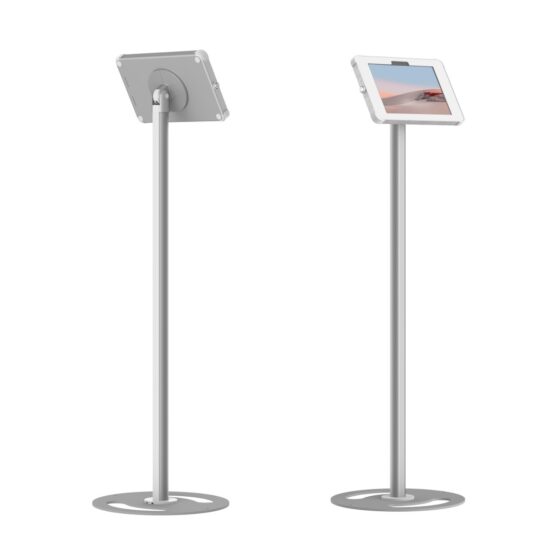 Sprocket X Floor Stand white and silver configured for Surface Go 2 front and rear view