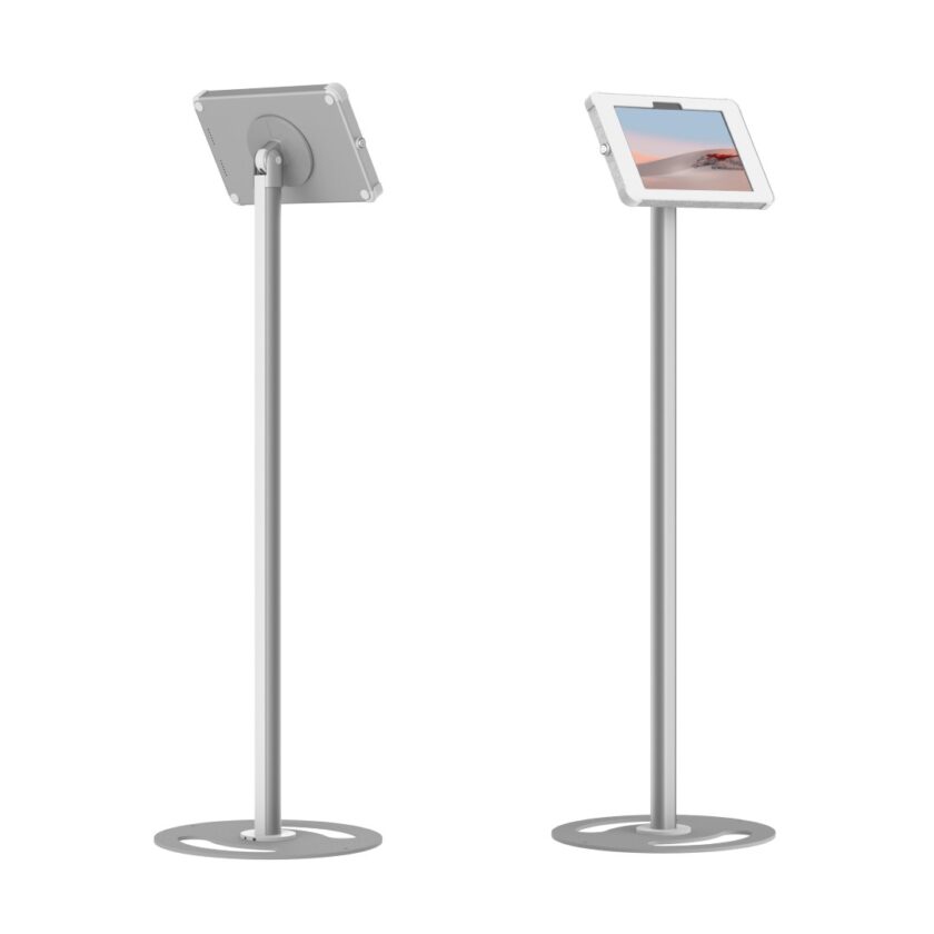 Sprocket X Floor Stand white and silver configured for Surface Go 2 front and rear view
