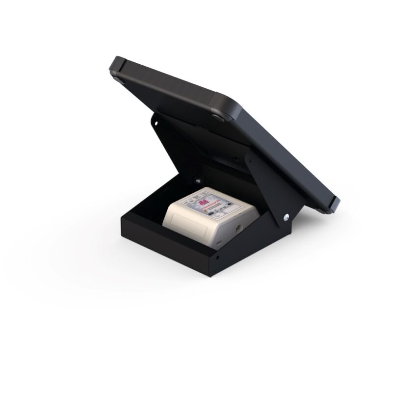 X Fixed Angle Desk Mount for Tablet with POE Pod Lid Open showing PoE adapter